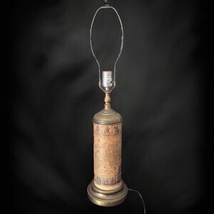 Vintage Brass Table Lamp Wrapped With Old World Map Paper, 28” Tall Latin